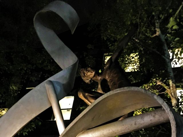 The "Spirit Of Discovery" Stainless Steel Statue By "Dam De Nogales" At "The University Of Toronto" In Toronto, Ontario, Canada, Viewed At Night